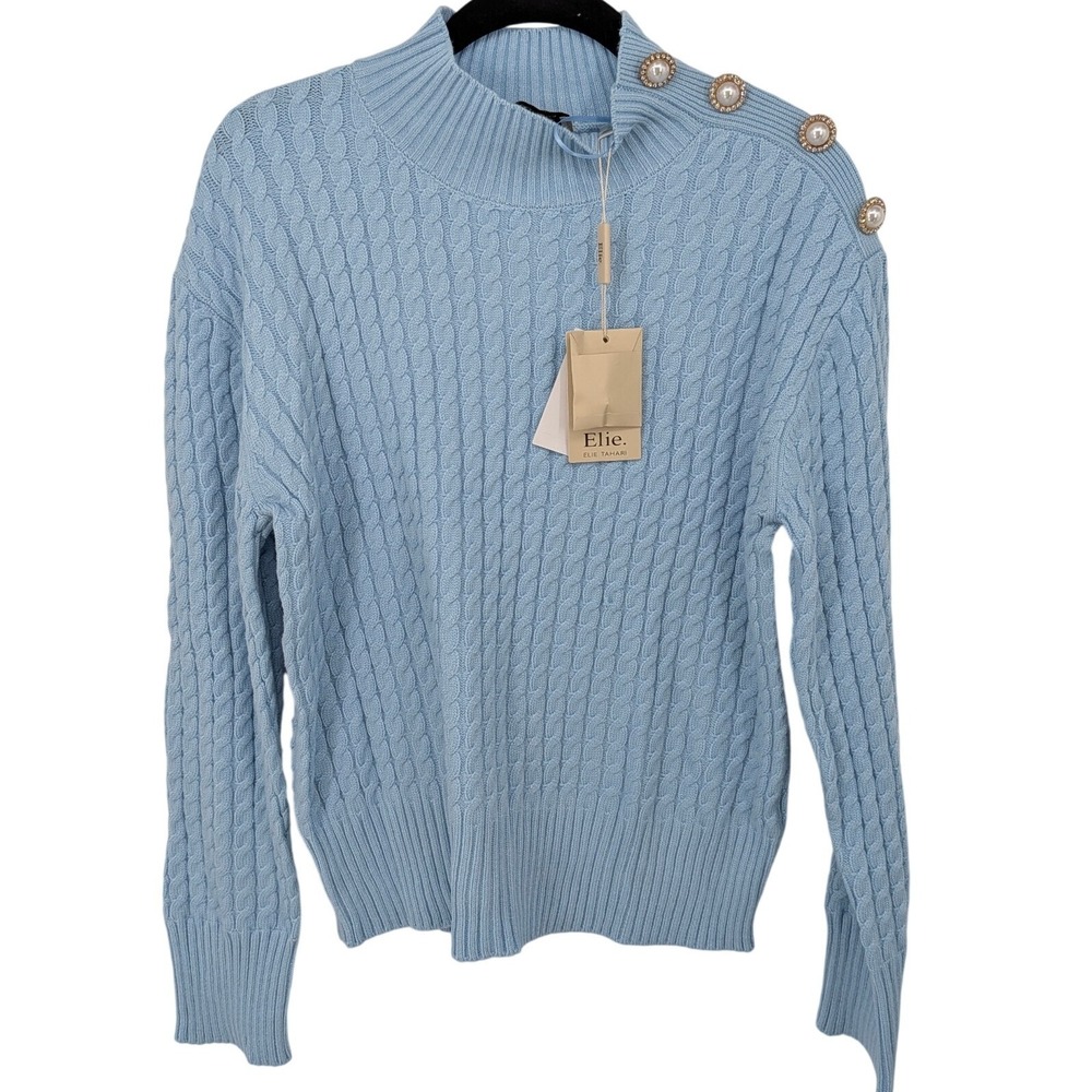 Elie Tahari Sweater Women Medium Light Blue Cable Knit Faux Pearl Button Preppy